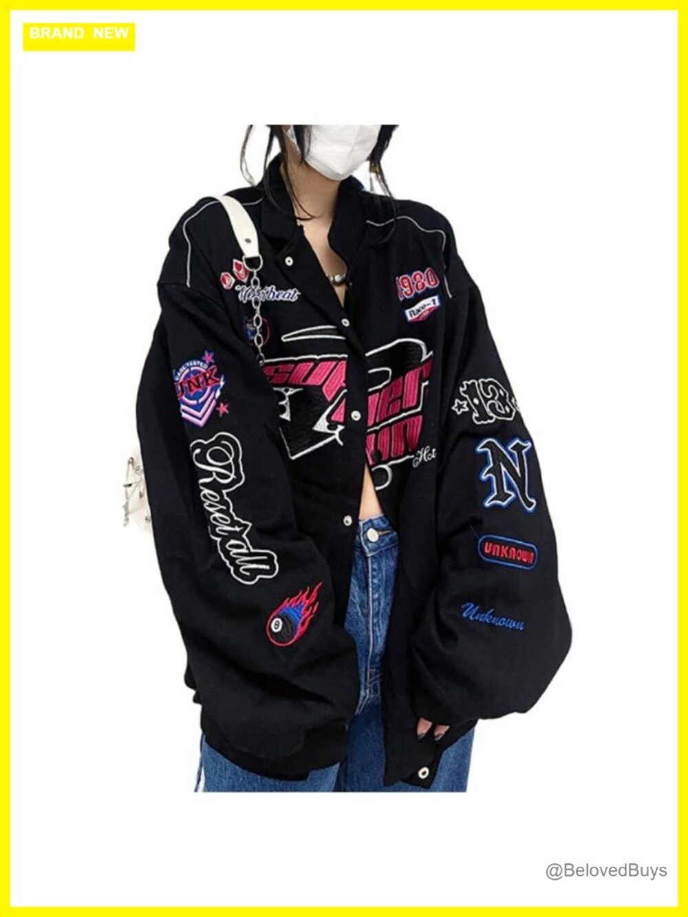 Women's Button Down Varsity Bomber Jacket Patchwork Long Sleeve Streetwear